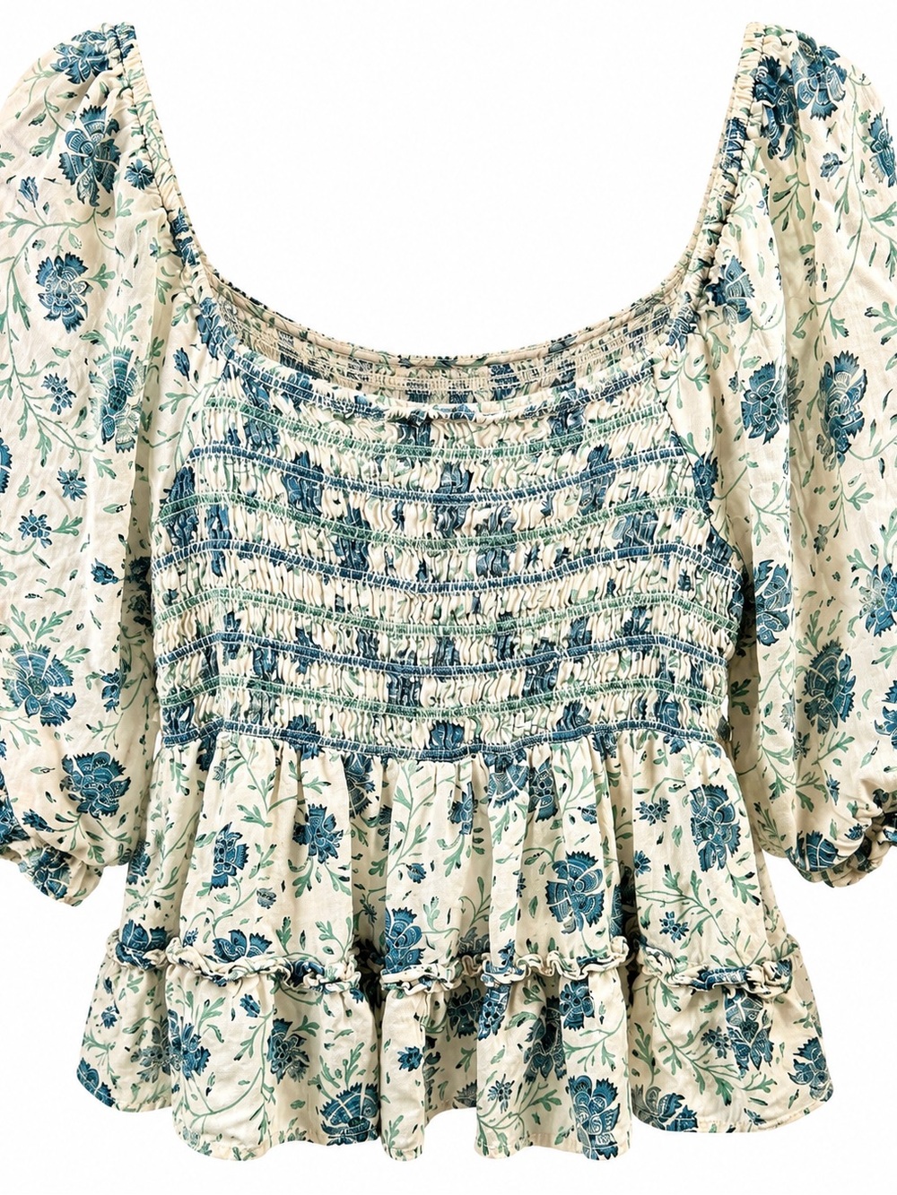 American Eagle Blue Floral‎ Smocked Peplum Blouse Large Cottagecore Puff Sleeve